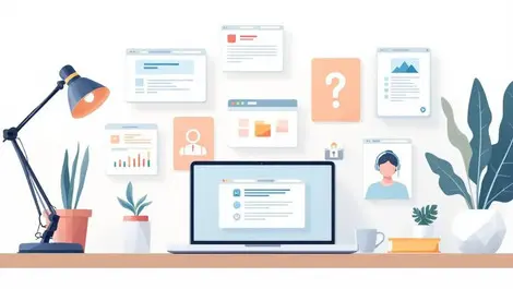 Open laptop tidy desk flat illustration guides questions ui