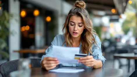 Australian traveller foreign cafe surprised checking receipt bank card foreign exchange charges