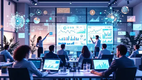 Modern office uk business professionals analyzing digital financial data ai interaction