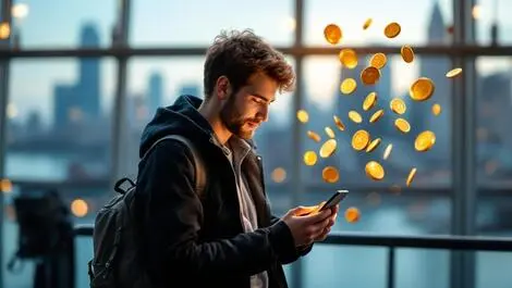 Australian traveler airport checking phone bank cards turning into coins fintech sydney skyline