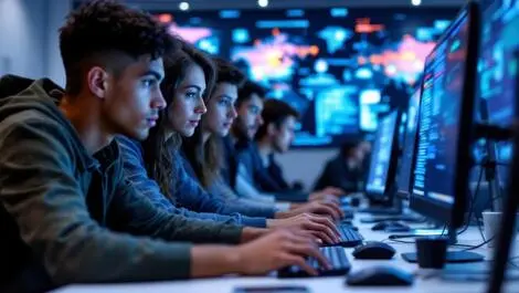 Uk young adults collaborative cybersecurity training modern room digital maps