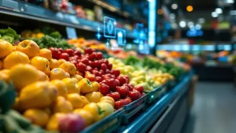 Grocery store produce section fresh fruits vegetables spoilage tech monitoring waste reduction