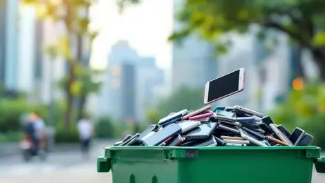 Realistic photo pile used smartphones collected large recycling bin outdoor singapore cityscape