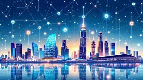 Modern singapore city skyline digital signals network nodes telecom infra