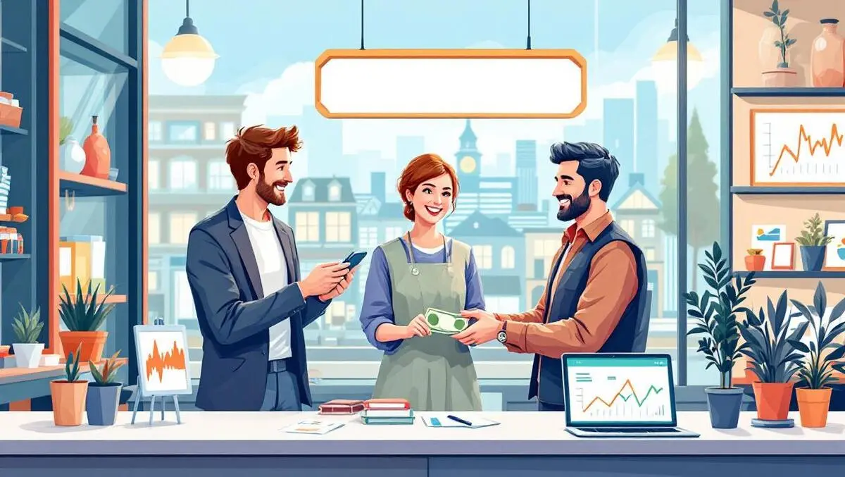 New zealand small shop banker handing cash to owner laptop digital graph cityscape