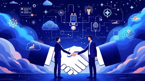 Business professionals handshake cloud servers ai brain managed it services