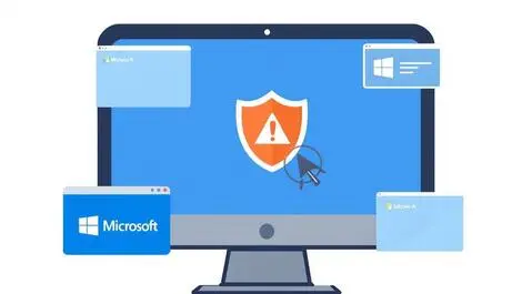 Computer screen shield warning icons surrounded by microsoft software windows