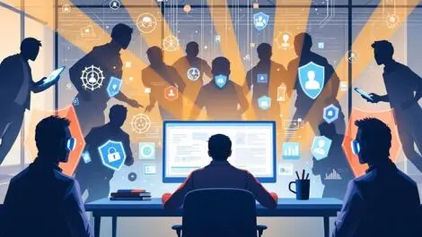 Digital illustration person computer protective shields cyber threats workspace