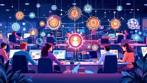 Australian office workers using computers glowing icons ai automation