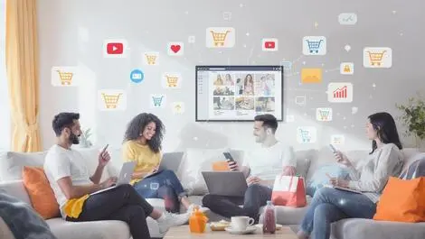 Australian shoppers at home using laptops smartphones online shopping icons