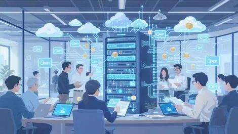 Office workers reviewing documents around computer server with cloud and open source icons migration