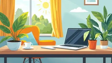 Home workspace laptop coffee mug houseplant armchair window sunny weather