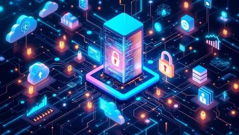 Secure high tech data center digital locks ai agent icons business graphs