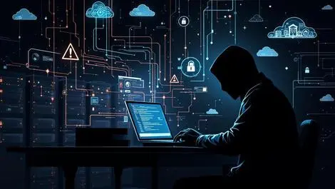 Shadowy figure cyberattack dark room computer digital streams security
