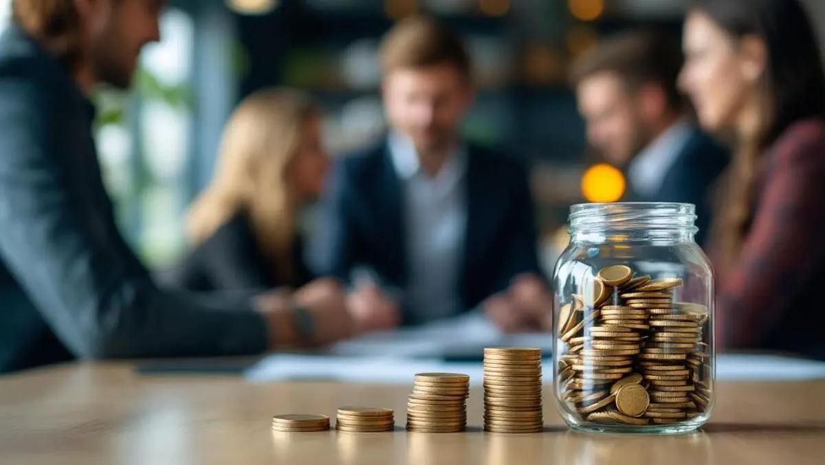 Professional office new zealand employees discussing salary transparency coins jar