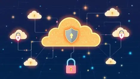 Cloud shapes interconnected by protective digital shields and secure padlocks symbolizing cloud security