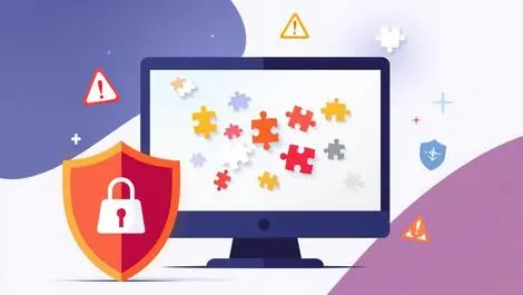 Desktop computer screen web browser puzzle pieces warnings threats illustration