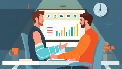 Office worker arm in sling at desk computer screen chart workflow icons streamlined injury claims australian office