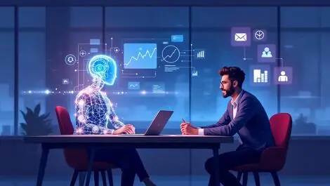 Financial advisor client ai assistant digital data modern office illustration