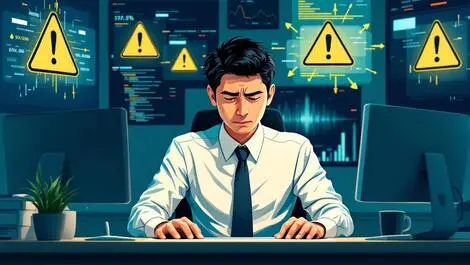 Worried asian businessperson at desk with warning screens and digital glitches