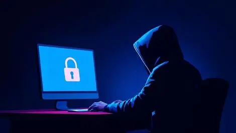 Digital illustration hooded figure computer lock symbol ransomware uk business cyber threats