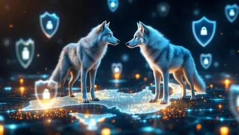 Illustration protective arctic wolf on digital map australia new zealand cybersecurity shields