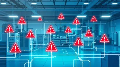 Automated industrial control systems digital network lines with red cyber warnings