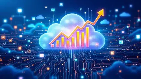 Data cloud digital connections servers upward trending graphs tech growth