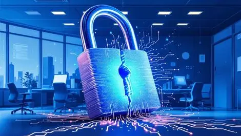Business office broken padlock digital data leak cyber security breach blue
