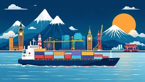 Cargo ship containers sailing new zealand uk japan landmarks illustration