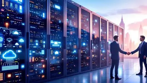 Detailed illustration data centers glowing servers businessmen handshake