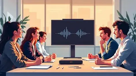 Modern office team meeting collaboration audio waves central device