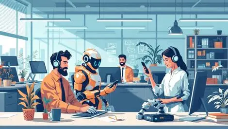 New zealand office workers collaborating with robots digital devices modern environment