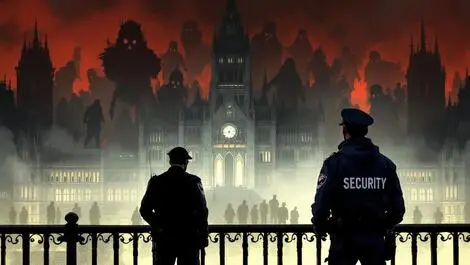Vigilant security officer overlooking new zealand parliament with shadowy threats