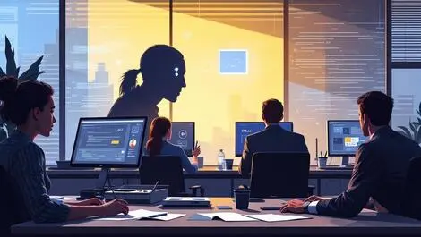 Realistic business office employees watching computer screens digital imposter