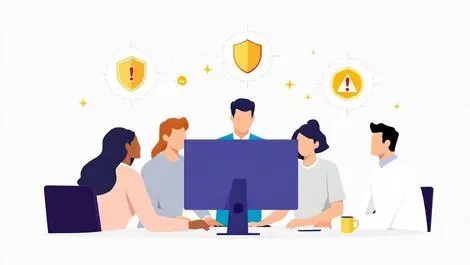 Office workers cybersecurity training digital threats shields warning icons