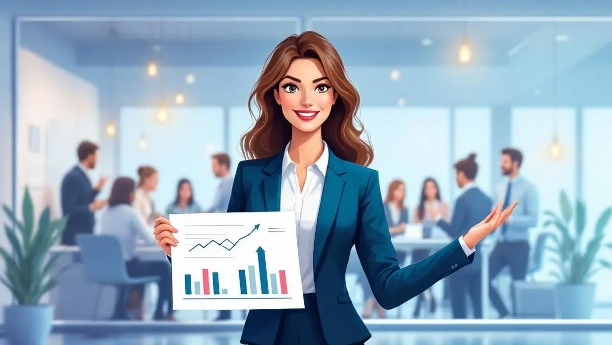Confident businesswoman holding financial charts upward arrows modern office