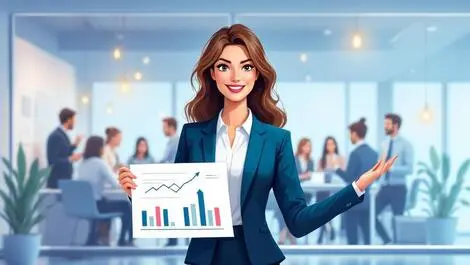 Confident businesswoman holding financial charts upward arrows modern office