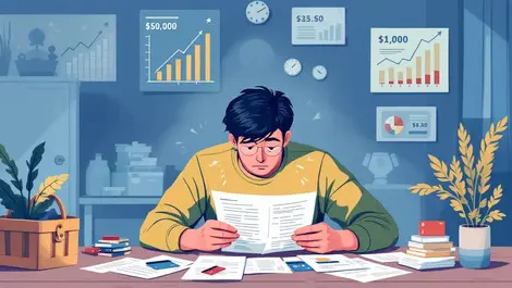 Stressed uk household reviewing bills credit cards with rising expense charts