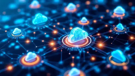 Digital network interconnected nodes cloud icons active monitoring data flow