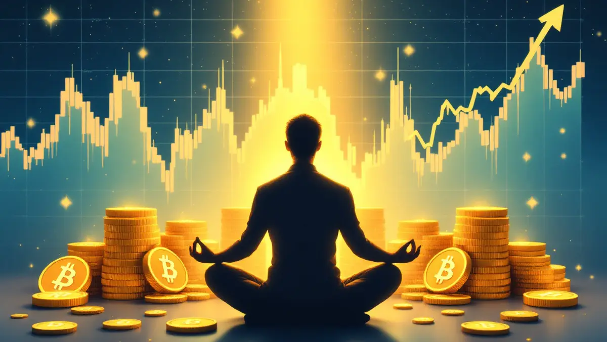 Serene person meditating before fluctuating bitcoin price charts golden coins