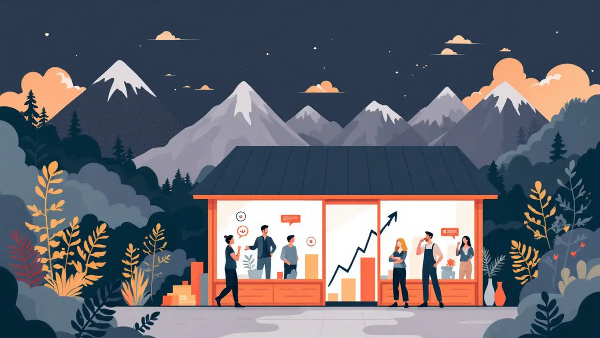 New zealand small business concerned workers rising bar charts mountains ferns illustration