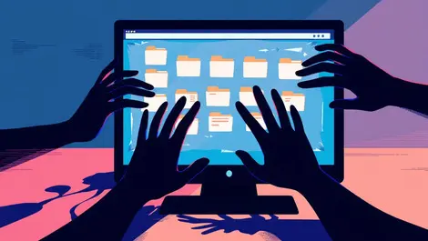 Computer screen exposed folders files shadowy hands data breach unauthorized access