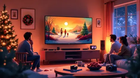 Cozy living room festive scene oled tv speakers portable camera family illustration