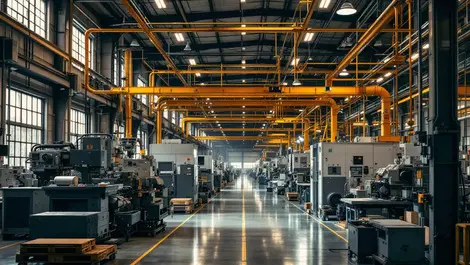 Realistic photo large quiet us factory interior idle machinery empty production lines industrial slowdown