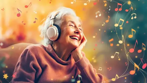 Elderly person smiling listening to music headphones colorful notes calm joy care
