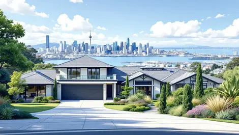 Realistic luxury villa auckland skyline harbor empty driveways premium housing nz