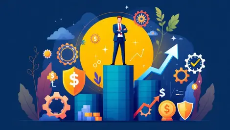 Business leader standing on rising graph with gears cash flow shields risk management automation financial growth