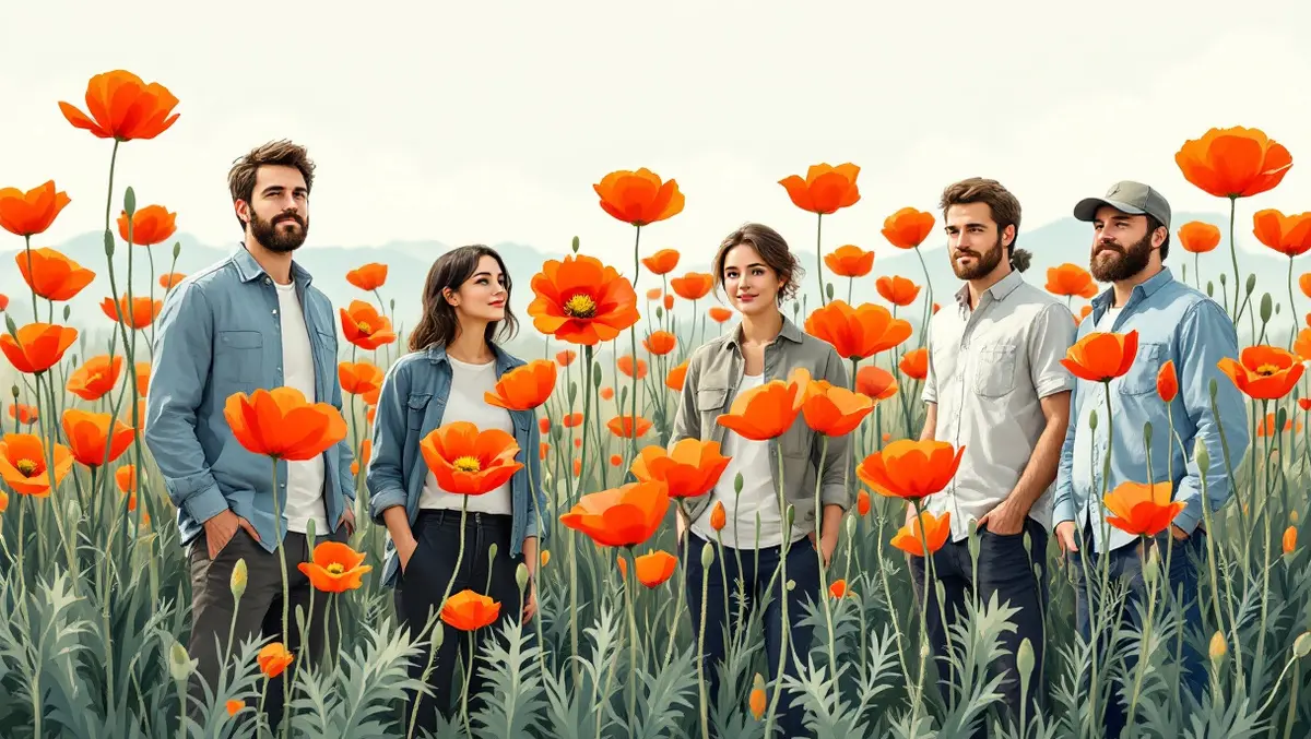 New zealand small business owners standing beside growing tall poppy flowers