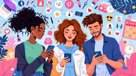 Uk young adults scrolling smartphones fashion cosmetics social media icons